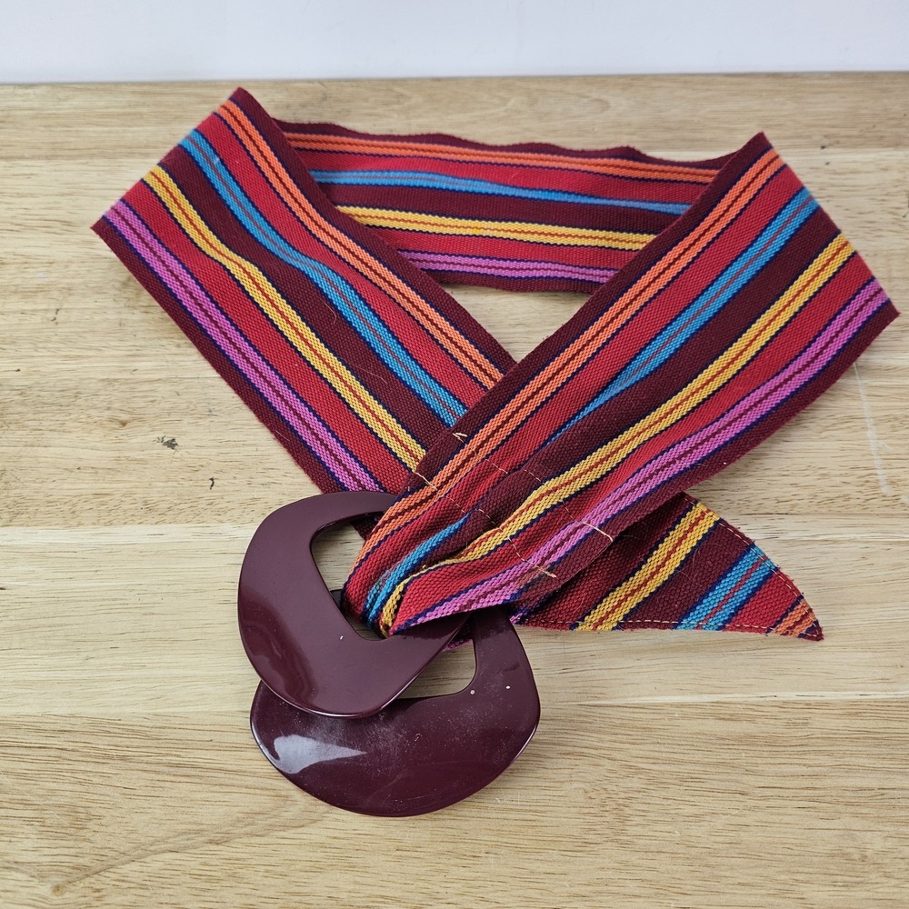 Vintage Rainbow Stripe Fabric Belt Red Round Double Buckle Cotton Boho One Size